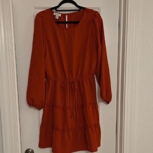 Long-Sleeve Rust Midi Dress with Tie Waist